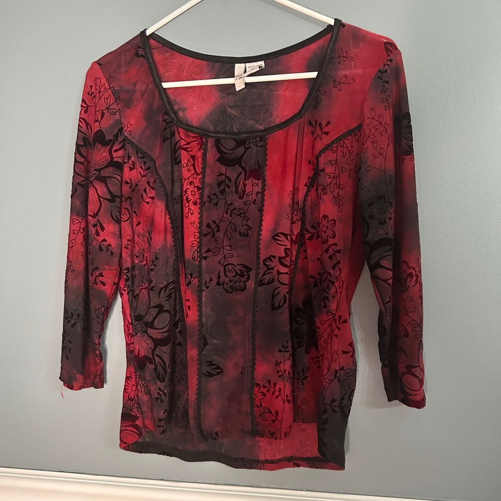 Sami + Jo Womens whimsigoth red Black Flocked Velvet Floral Mesh Top Large y2k